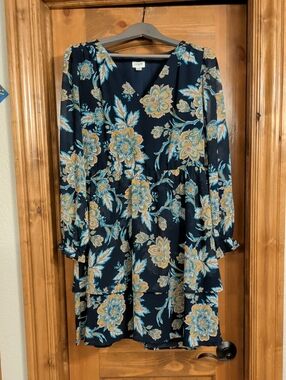 J. Crew Navy Floral Tiered Long Sleeve Dress with Teal & Mustard Accents